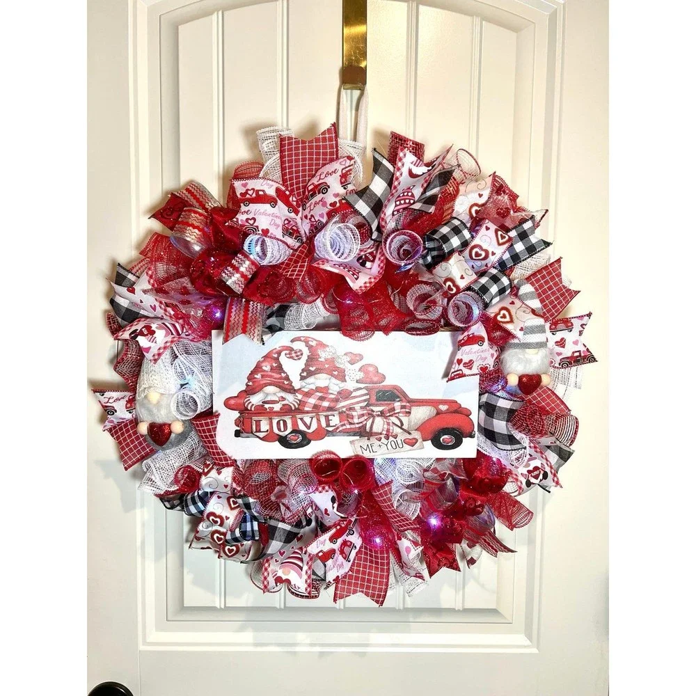Handmade Valentine’s Gnome LOVE Truck Ribbon Prelit Wreath 22 ins LED W15